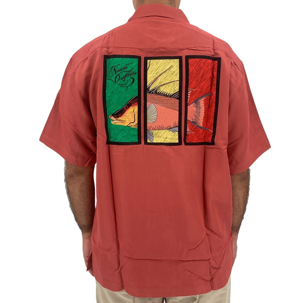 NATIVE OUTFITTERS Camp Shirt Size S New $99 Red Rust Coral Hogfish Boating Water